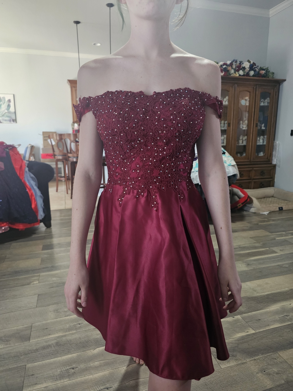 May Queen Off-Shoulder Burgundy Cocktail Dress with Beaded Lace Bodice